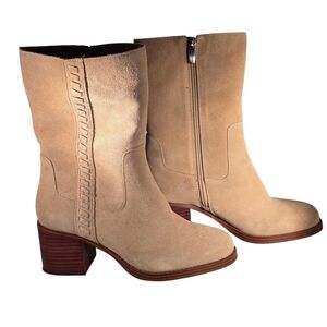 Vince Camuto Mid-Shaft Suede Chunky Heel Boots Women Size 7W Zelcinna Tortilla